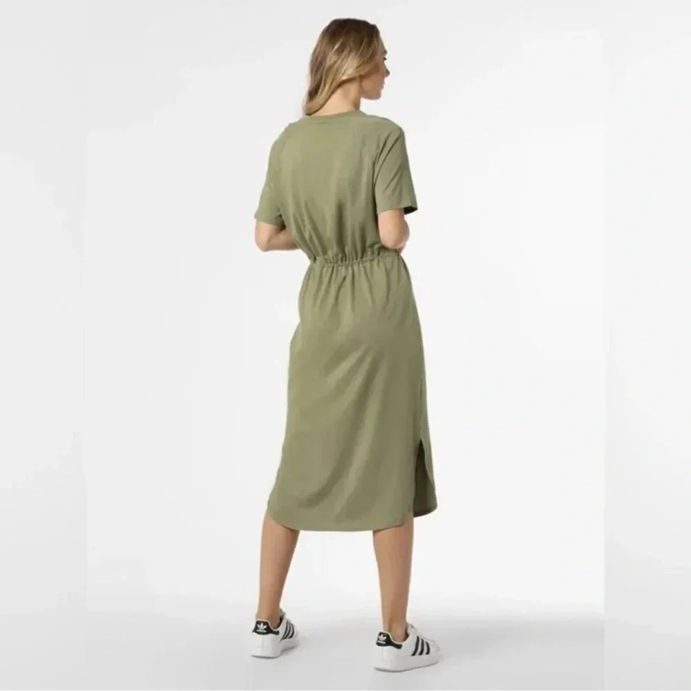 DKNY Logo Drawstring Waist Jewel Neck Short Sleeve Knit Midi Dress NWT